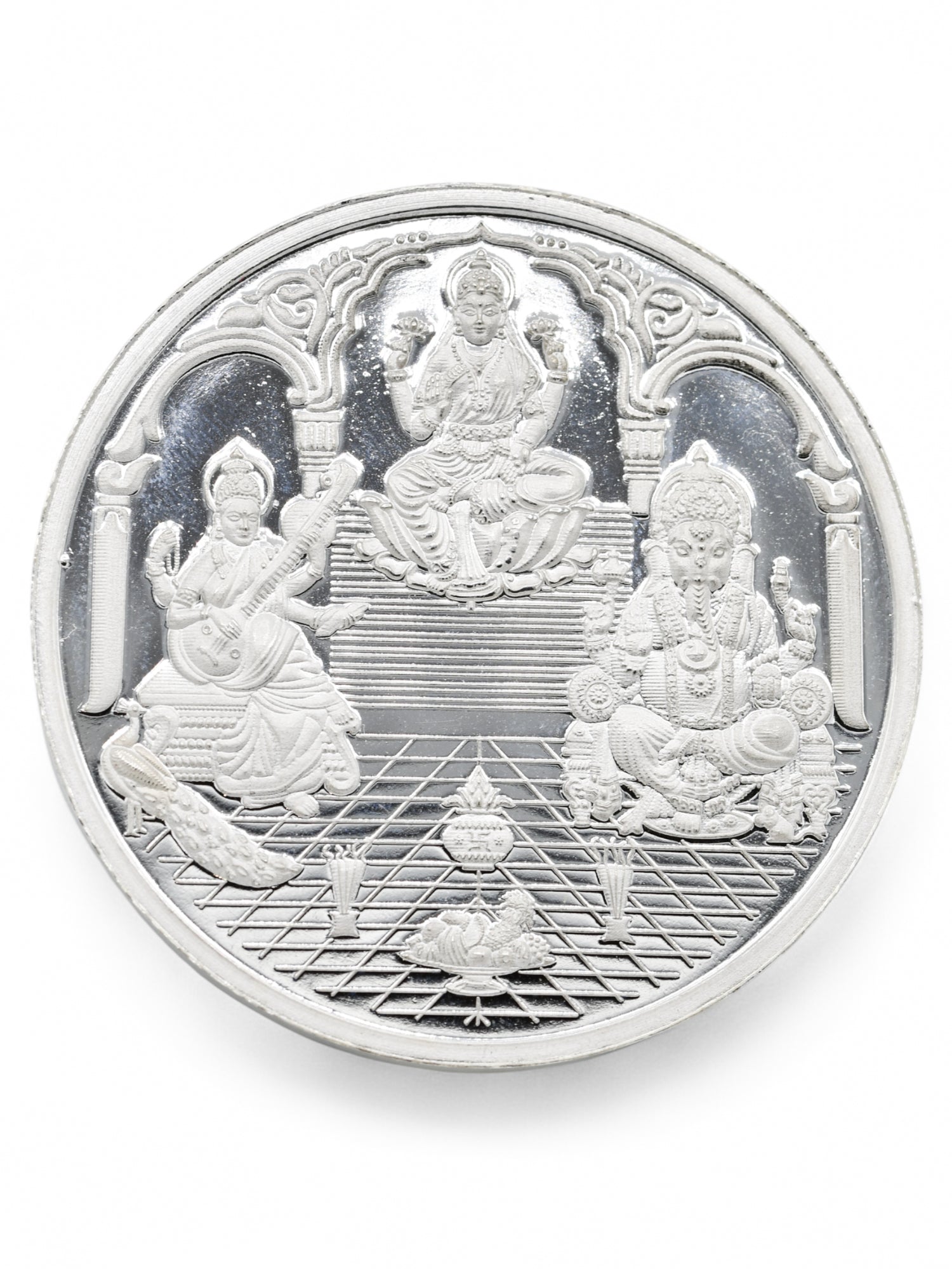 100 Grams Silver Laxmiji, Saraswati &amp; Ganesha Coin