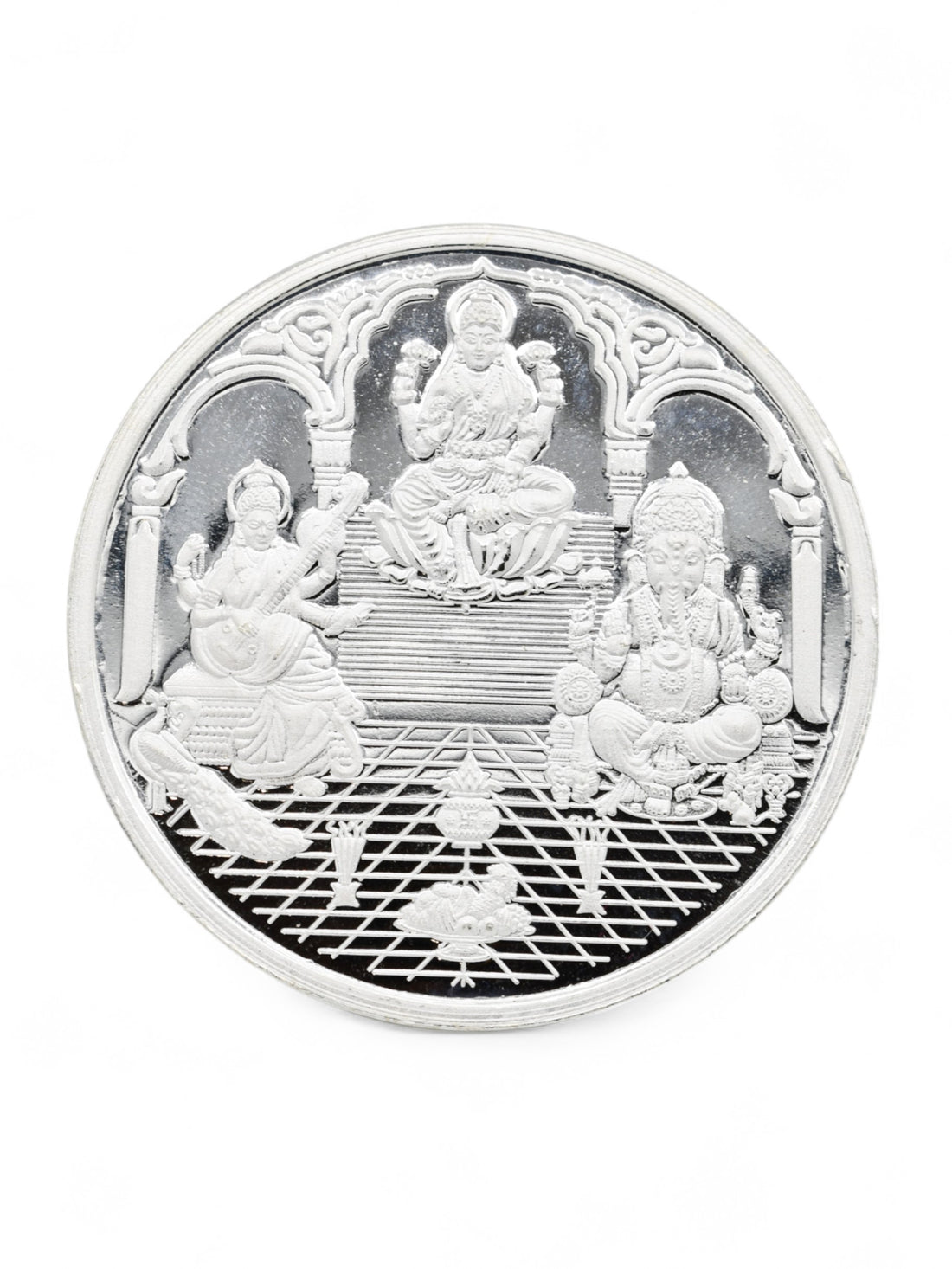 50 Grams Silver Laxmiji, Saraswati &amp; Ganesha Coin