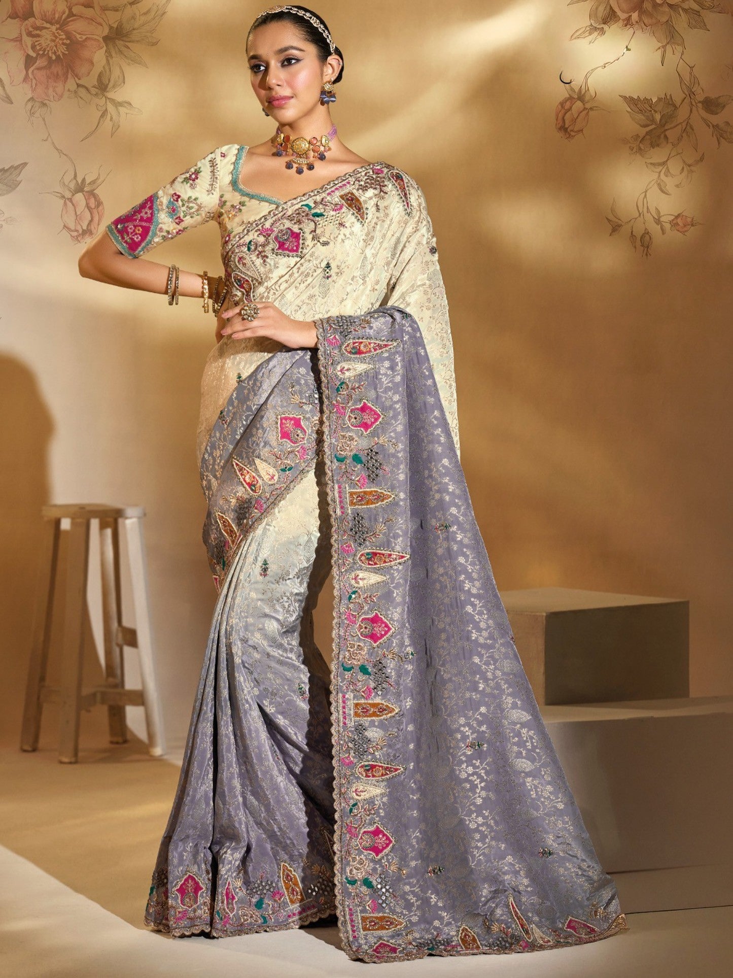 Hiya Silk Zari Emb Work Border Saree - Roop Darshan