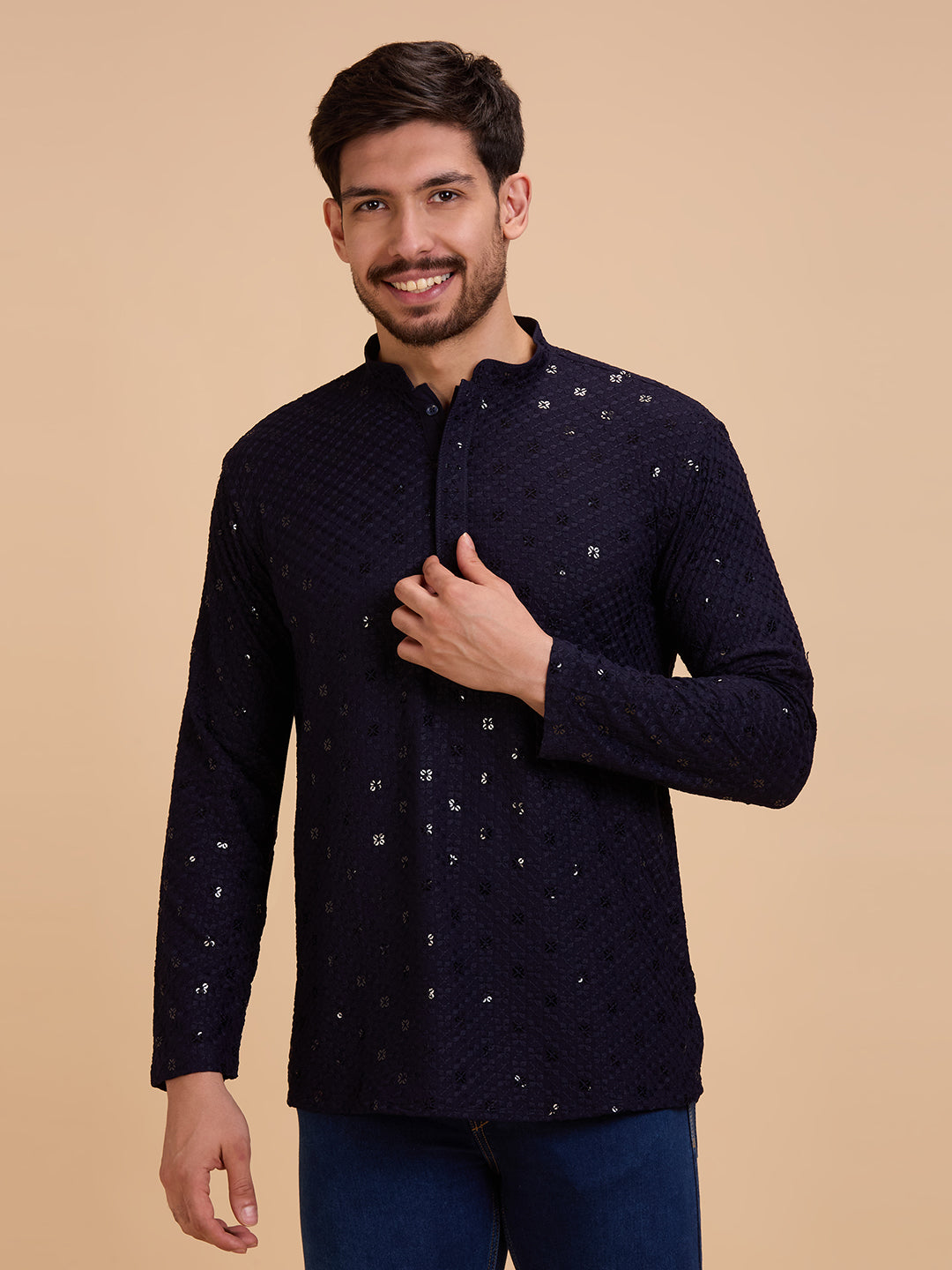 Mens Rayon Chiken-kari Work Kurta - Roop Darshan
