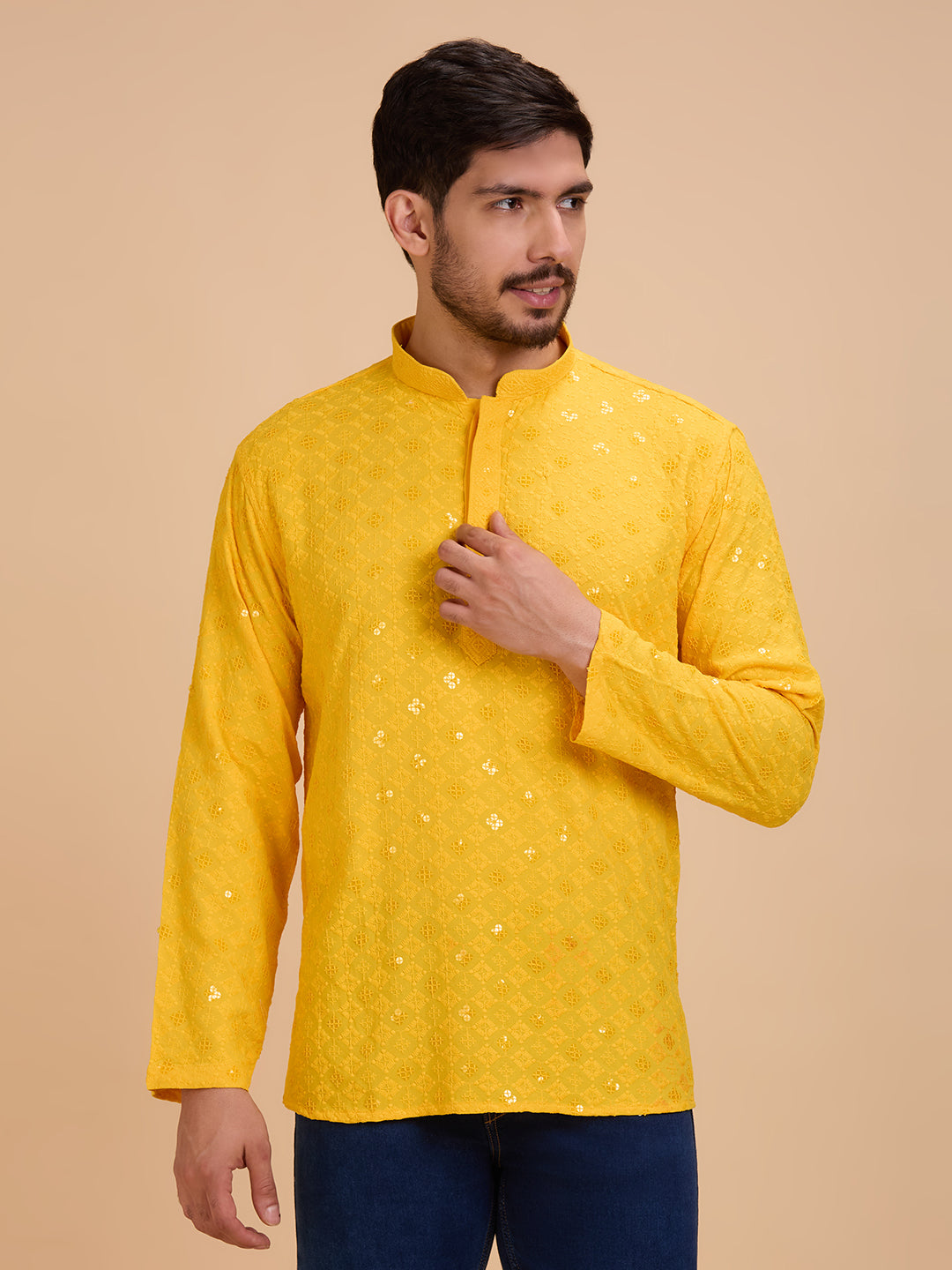 Mens Rayon Chiken-kari Work Kurta - Roop Darshan