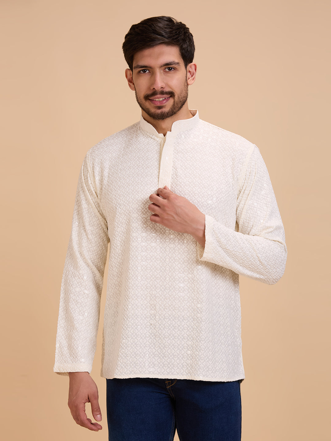 Mens Rayon Chiken-kari Work Kurta - Roop Darshan