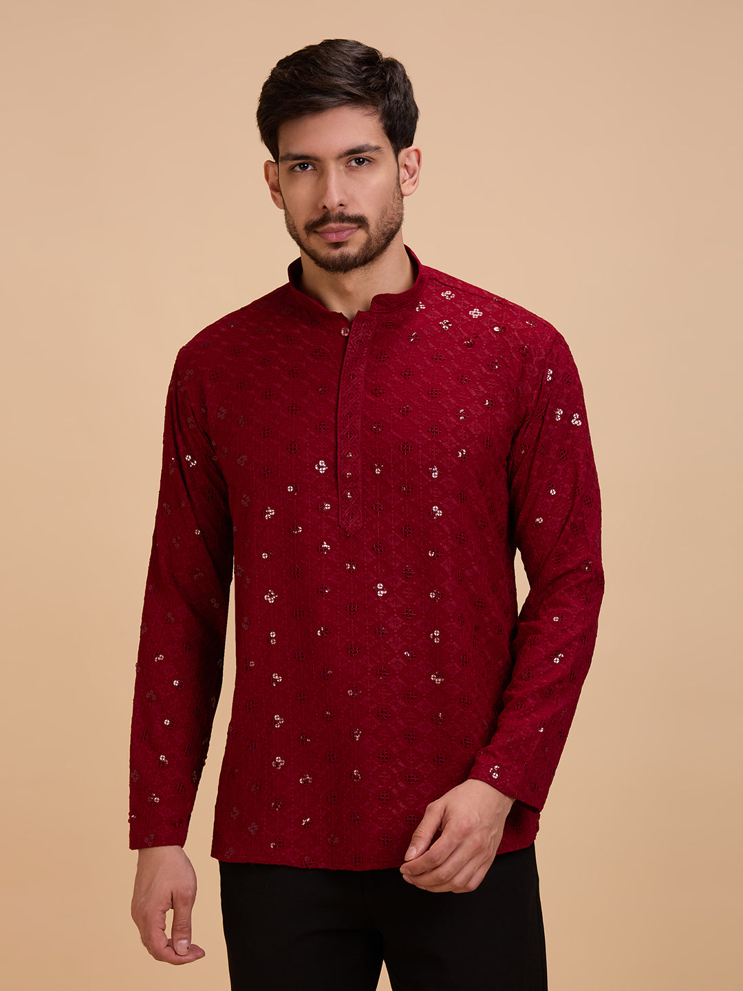 Mens Rayon Chiken-kari Work Kurta - Roop Darshan