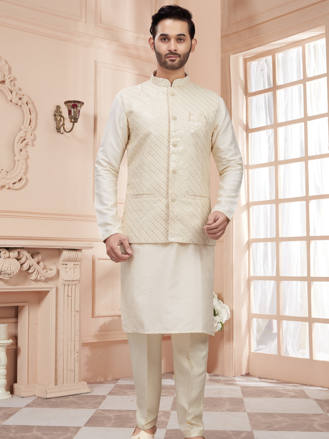 Mens Kurta Set With Tiki Embroidered Jacket - Roop Darshan