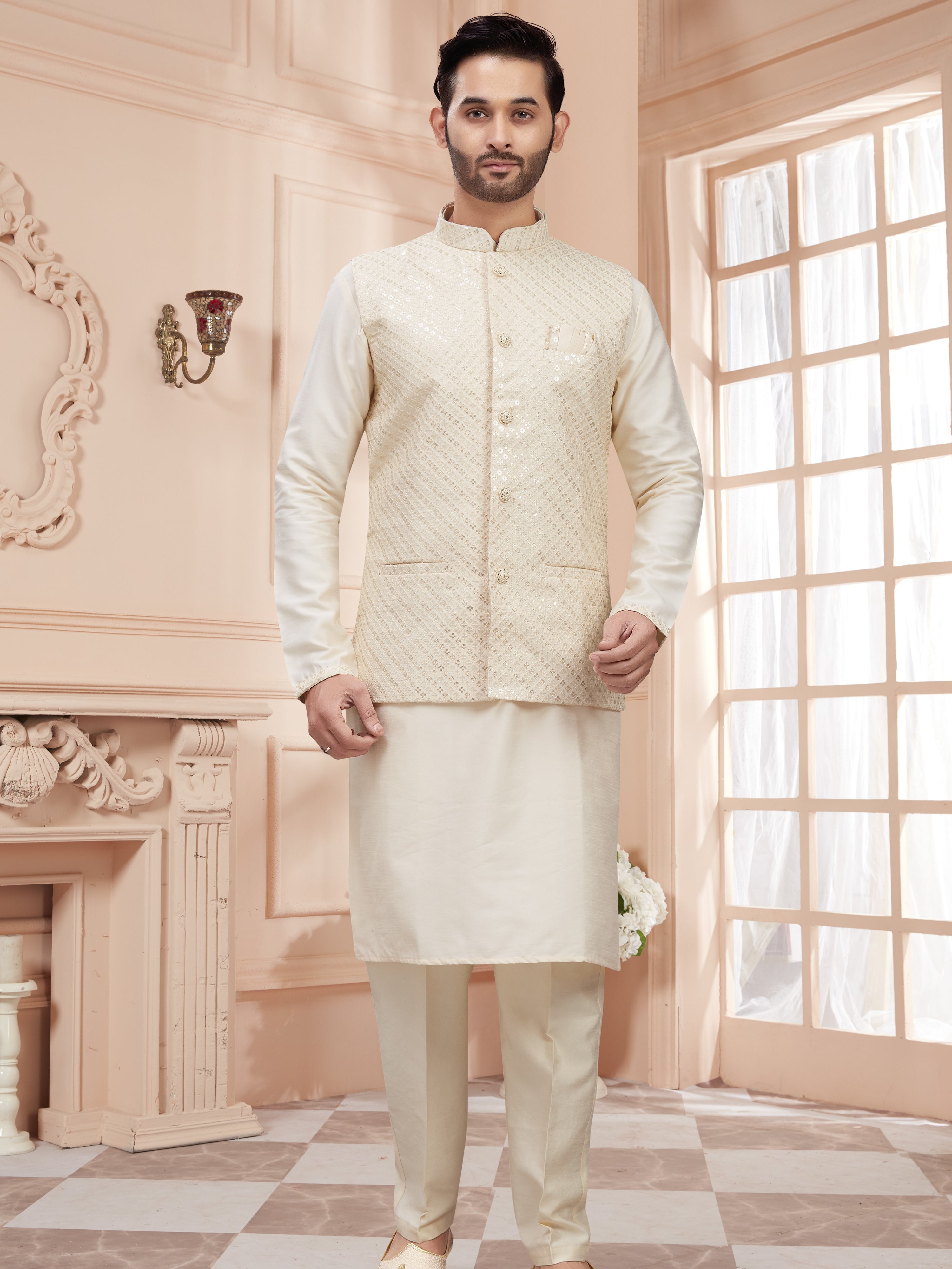 Mens Kurta Set With Tiki Embroidered Jacket - Roop Darshan