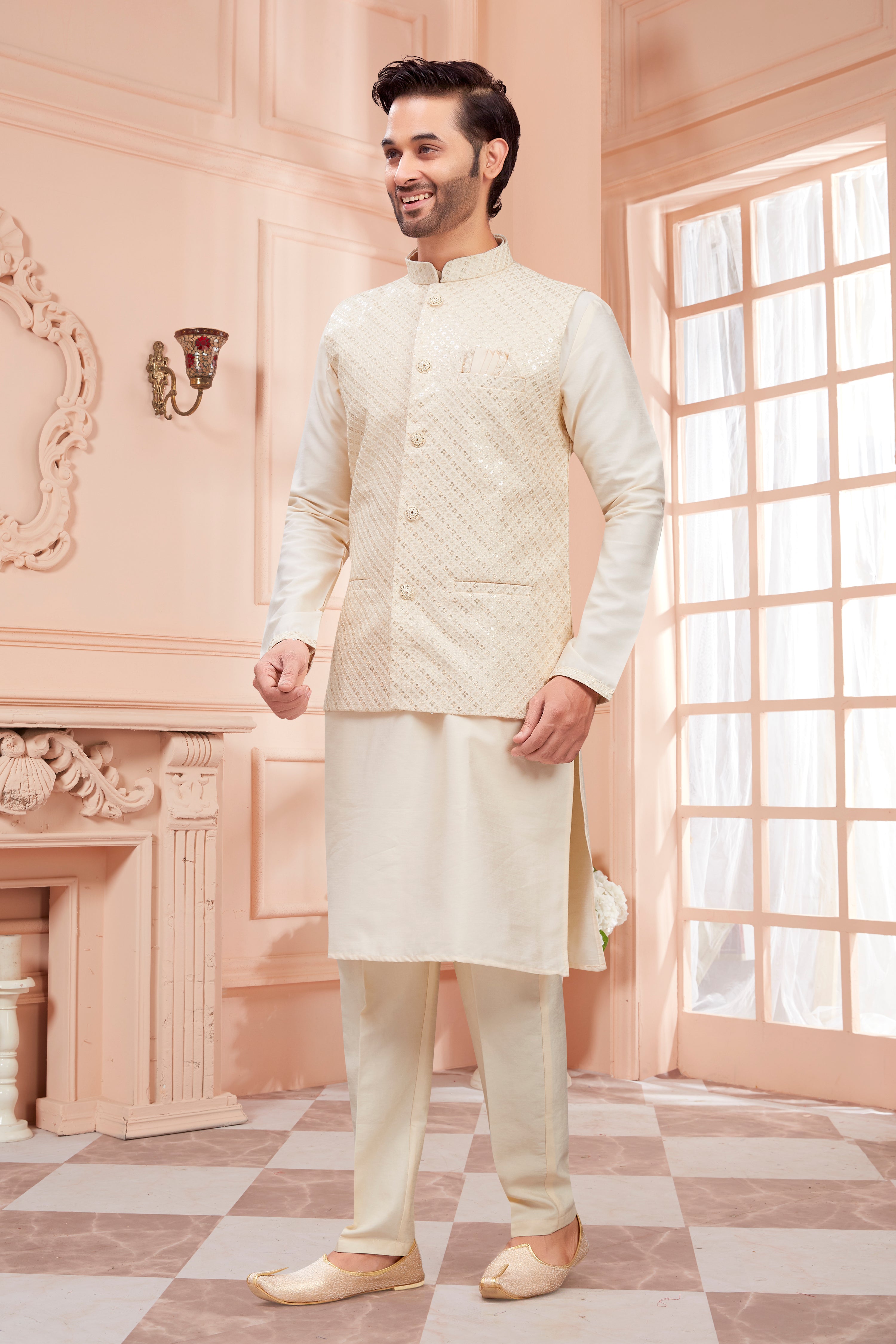 Mens Kurta Set With Tiki Embroidered Jacket - Roop Darshan