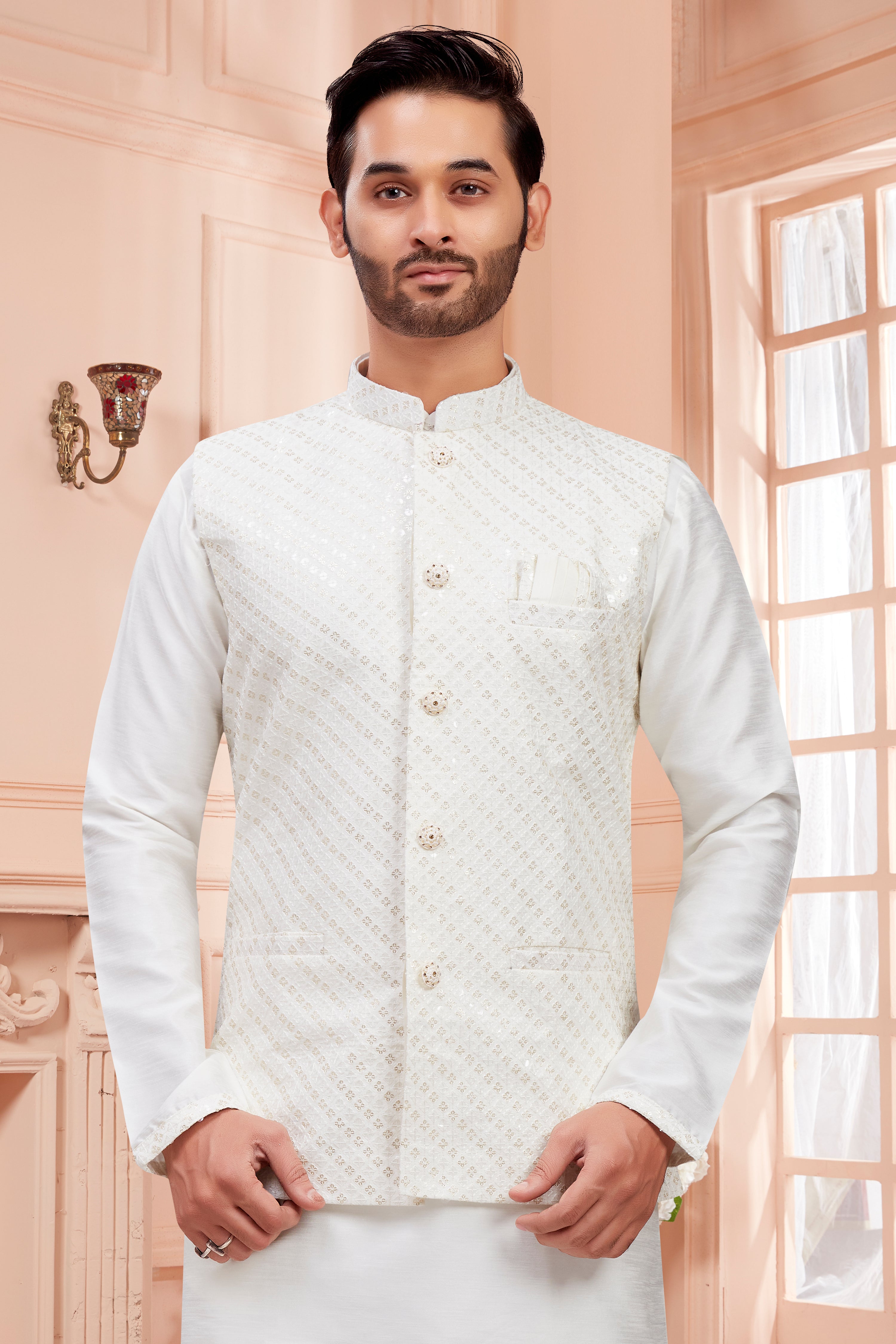 Mens Kurta Set With Tiki Embroidered Jacket - Roop Darshan