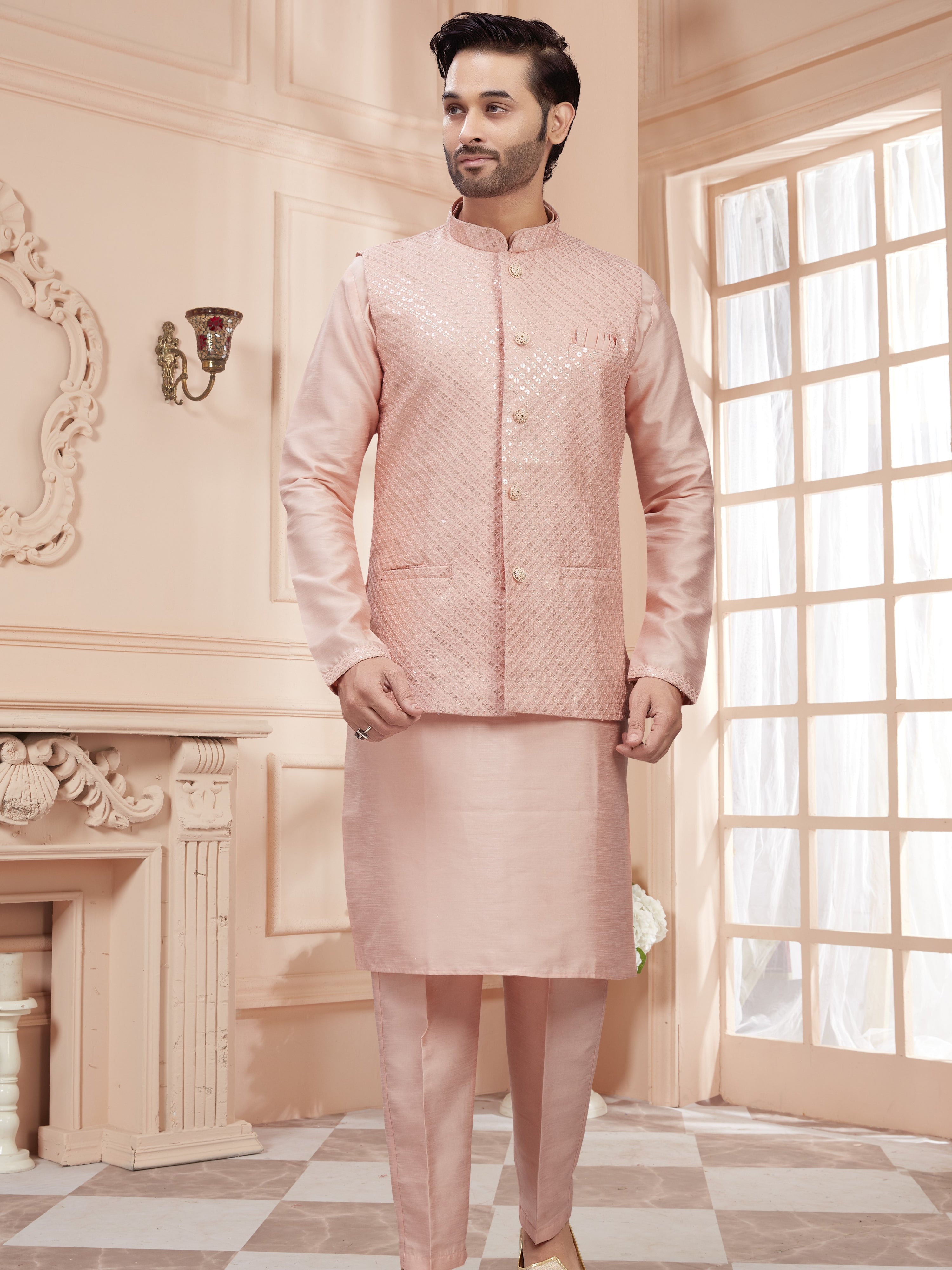 Mens Kurta Set With Tiki Embroidered Jacket - Roop Darshan
