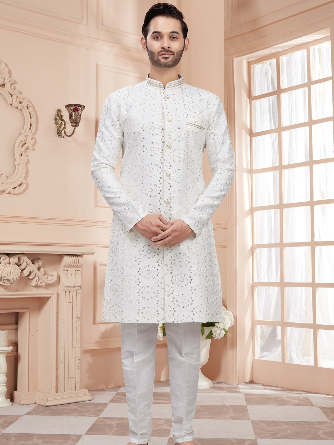 Mens Sequin Embroidered Work Kurta Set - Roop Darshan