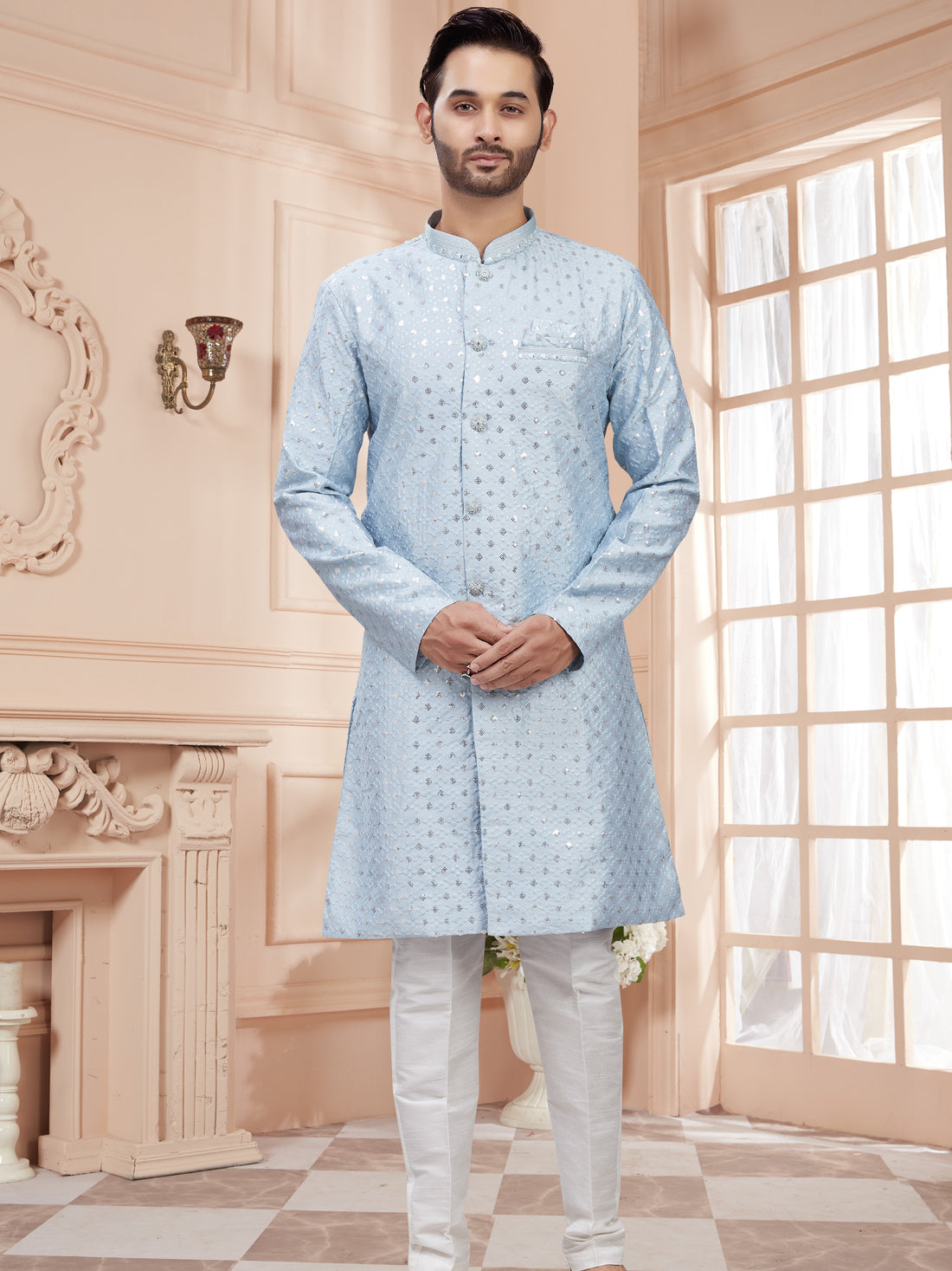 Mens Silver Sequin Embroidered Work Kurta Set - Roop Darshan