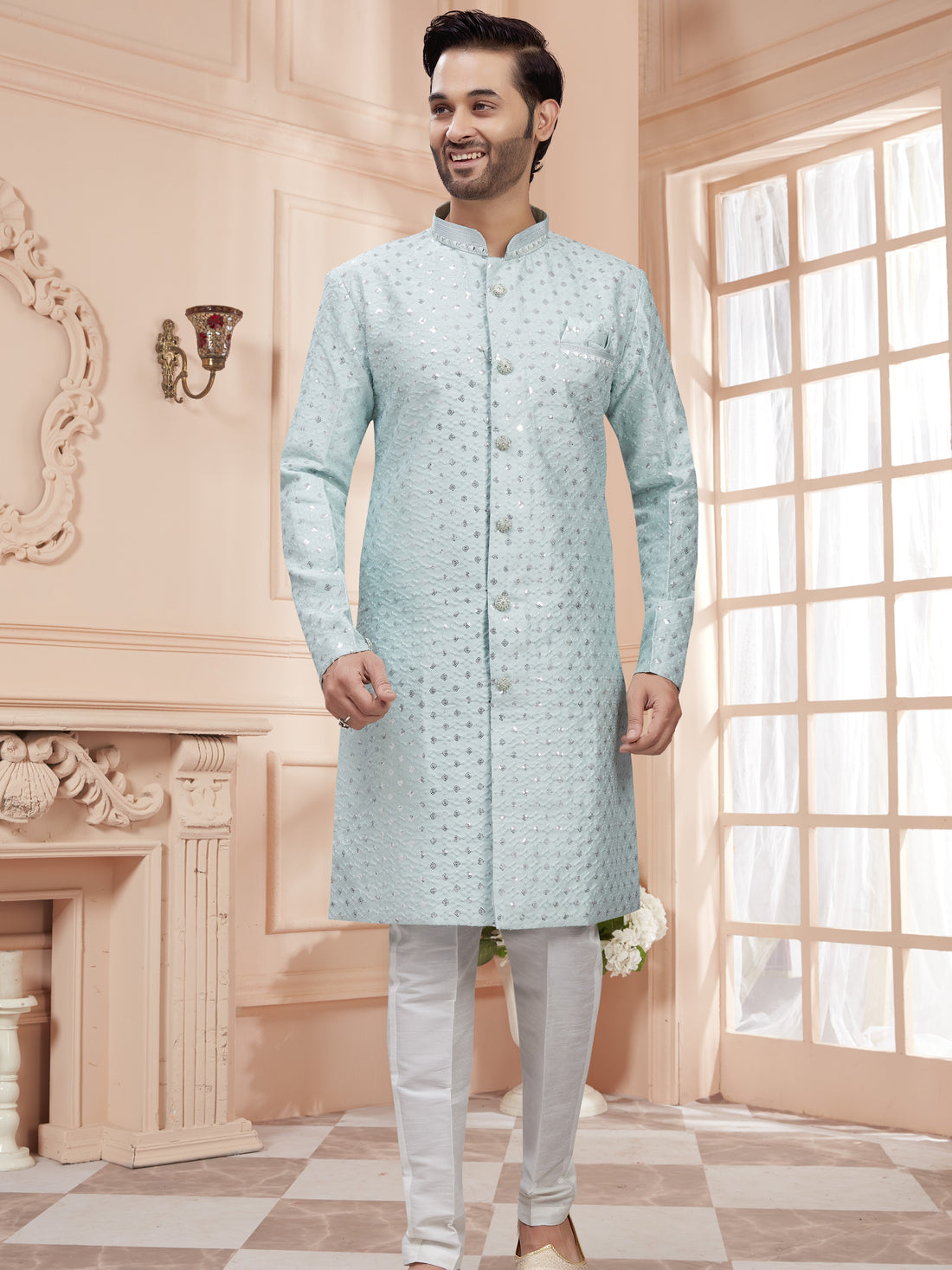 Mens Silver Sequin Embroidered Work Kurta Set - Roop Darshan