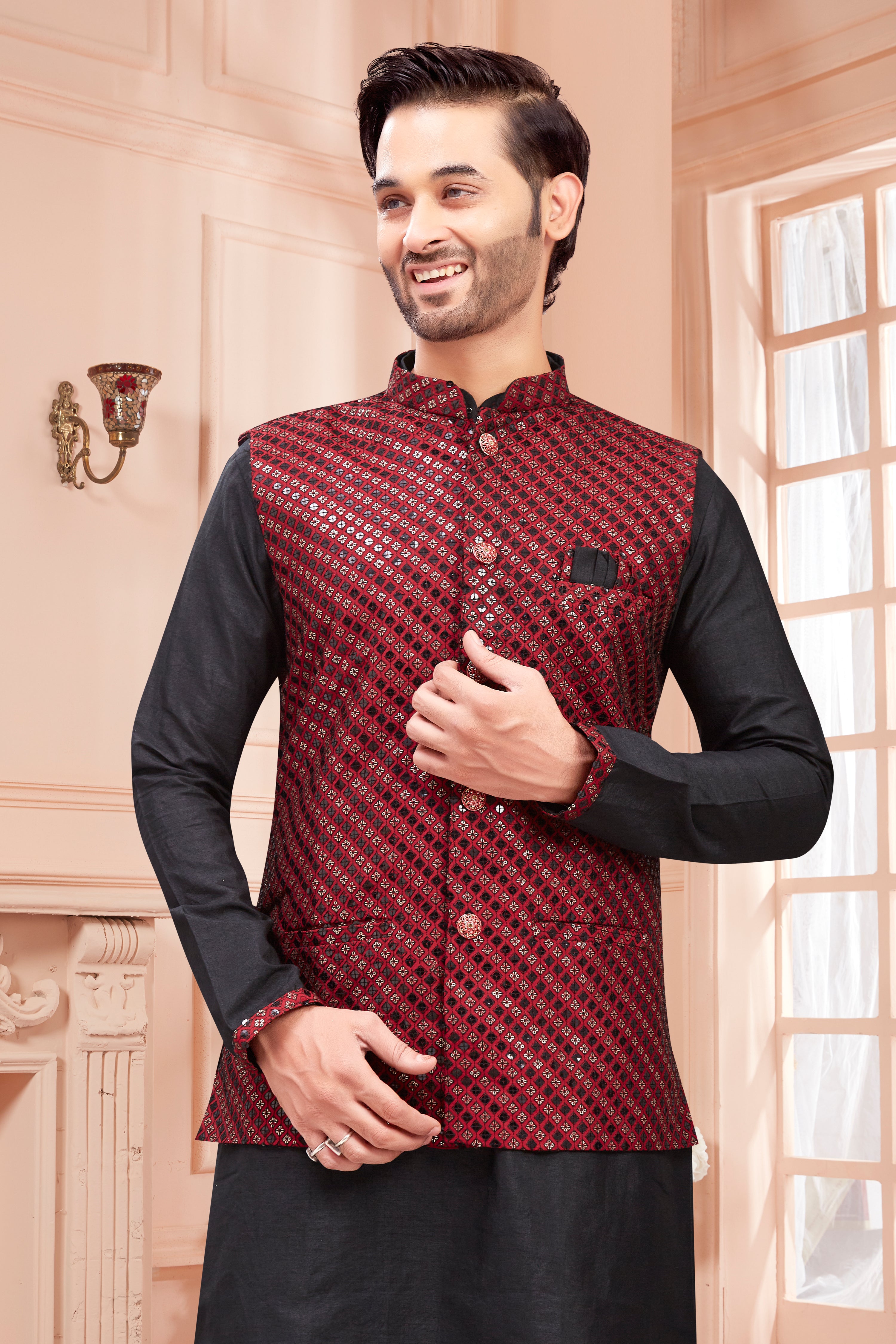 Mens Kurta Set With Tiki Embroidered Jacket - Roop Darshan