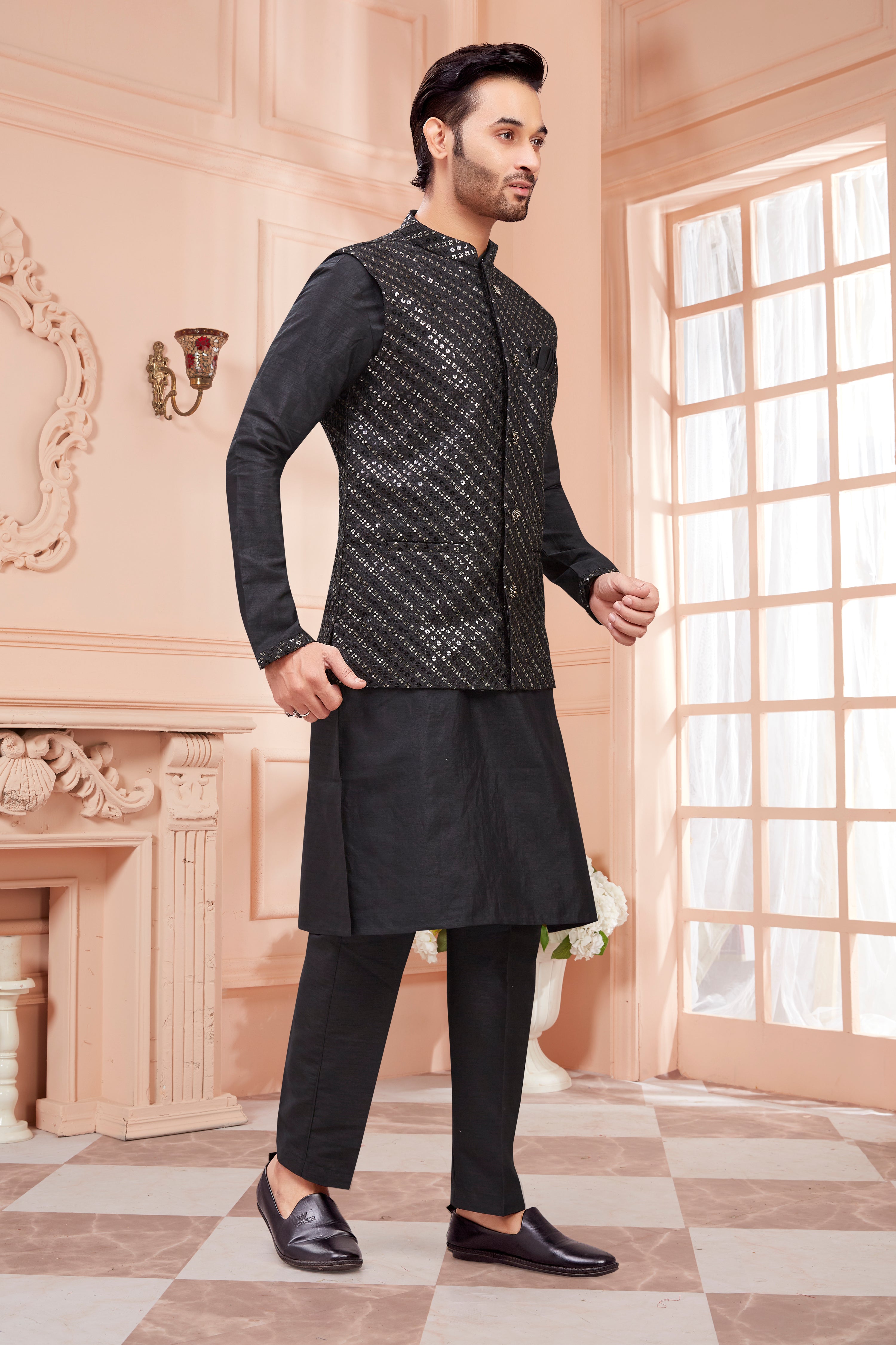 Mens Kurta Set With Tiki Embroidered Jacket - Roop Darshan