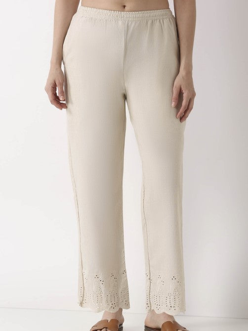 Natural Cotton Blend Straight Pants - Roop Darshan