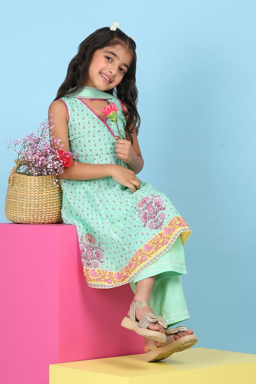 Biba Green Cotton Floral Printed Anarkali Suit Set – Roop Darshan
