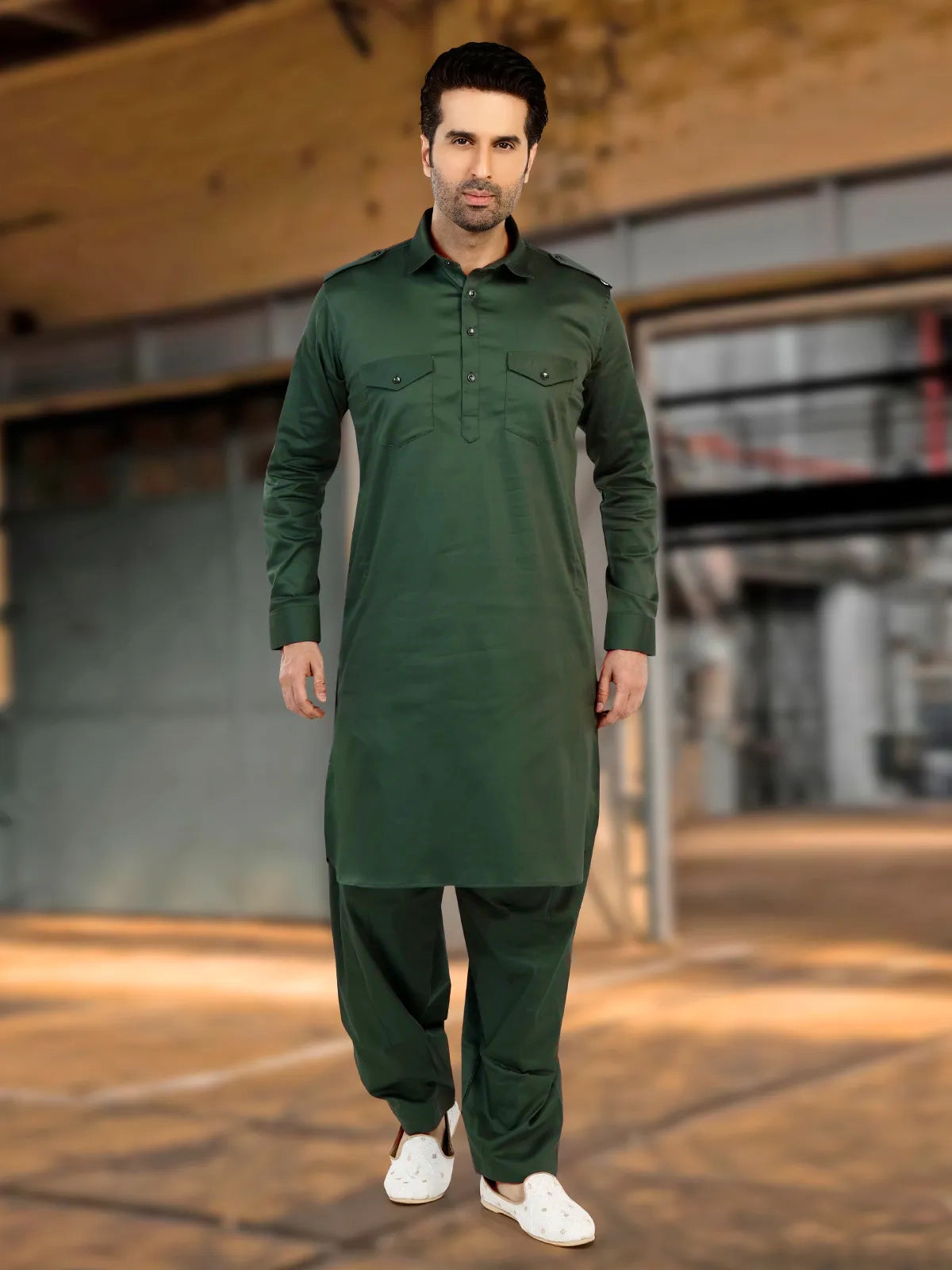 Mens Bottle Green Pathani Suit