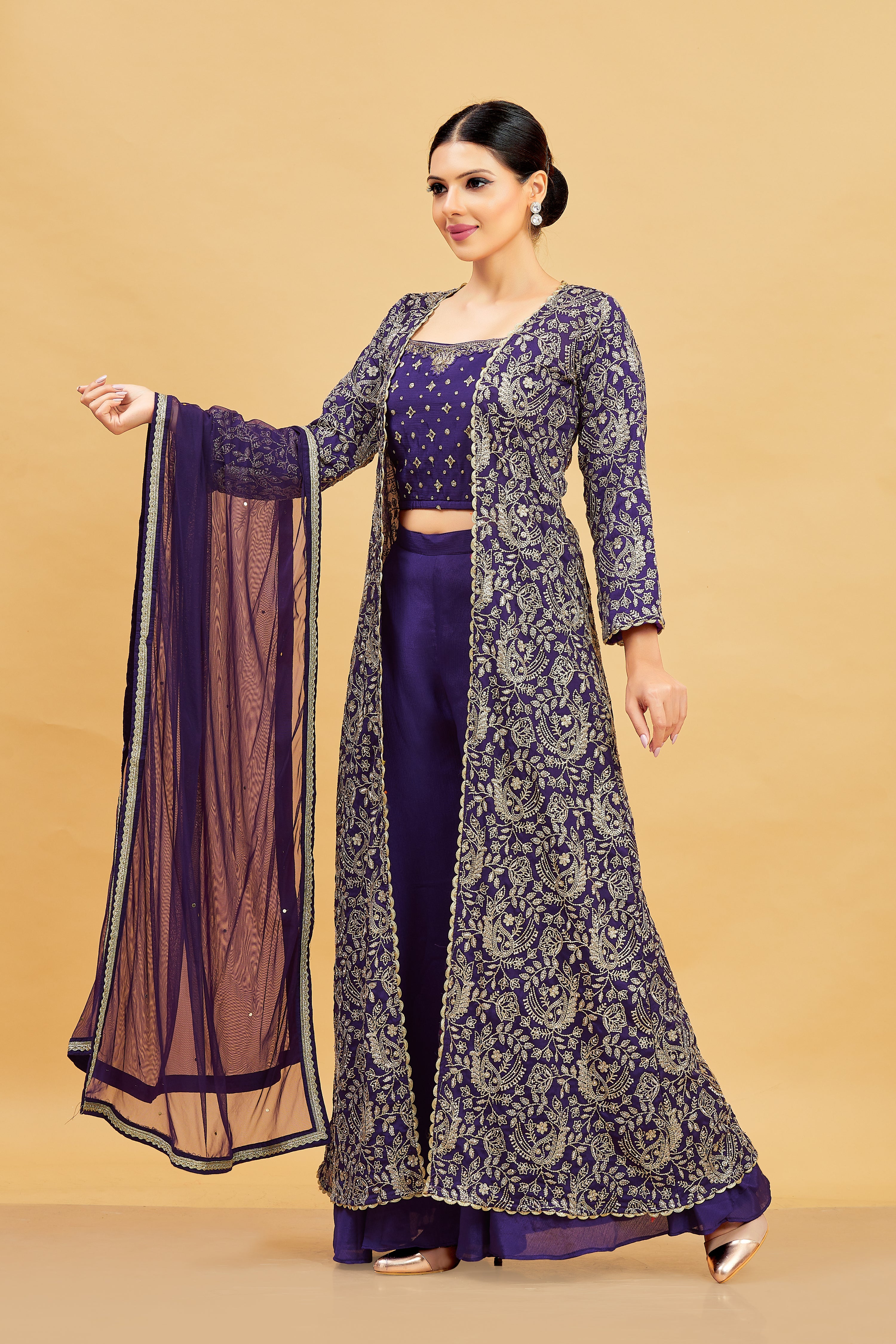 Kashvi Crop Top Palazzo Suit With Jacket - Roop Darshan