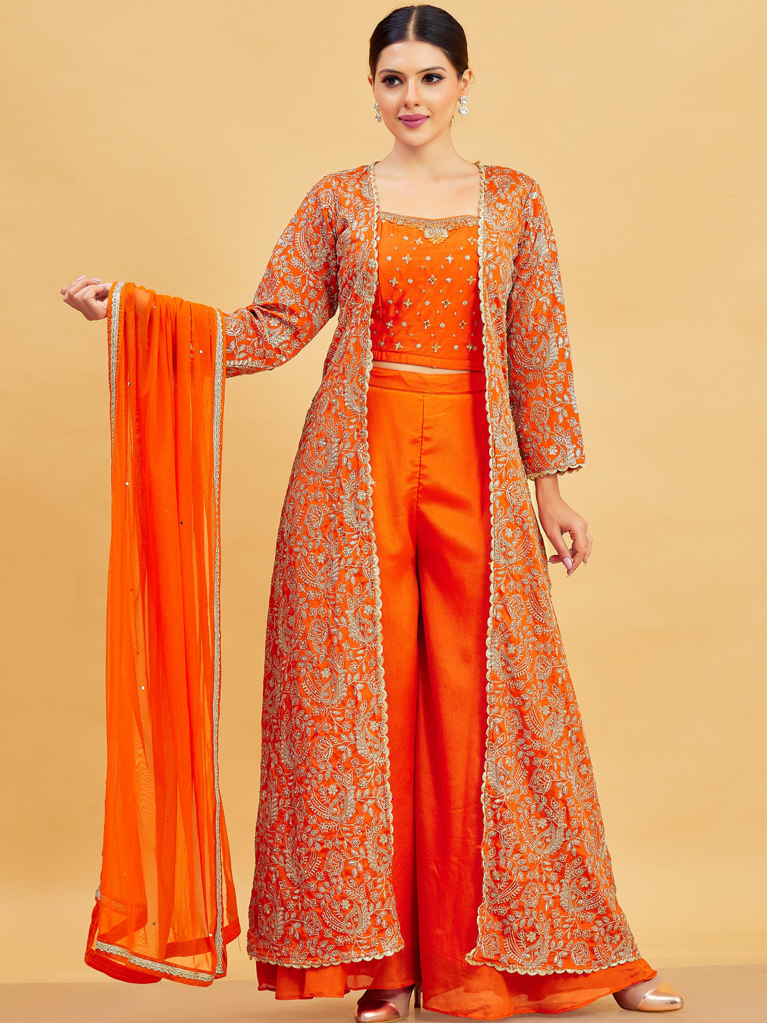 Kashvi Crop Top Palazzo Suit With Jacket - Roop Darshan