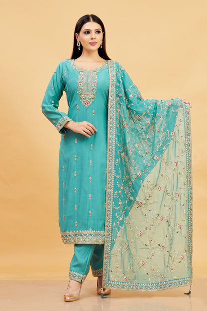 Vedika Ladies Silk Emb Wk Straight Kamiz &amp; Pant L/S 38,42,46,50,54 - Roop Darshan