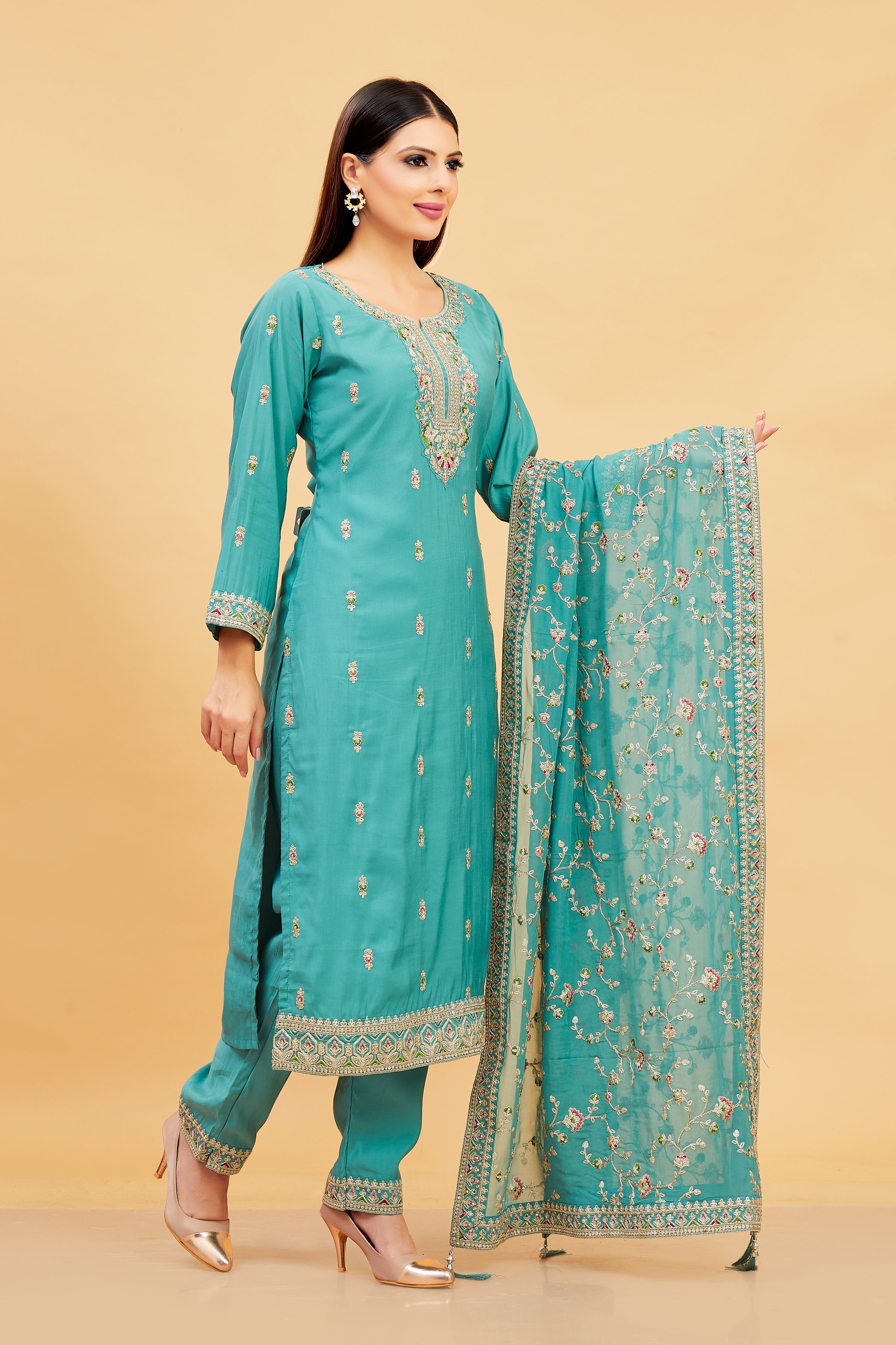 Vedika Ladies Silk Emb Wk Straight Kamiz &amp; Pant L/S 38,42,46,50,54 - Roop Darshan
