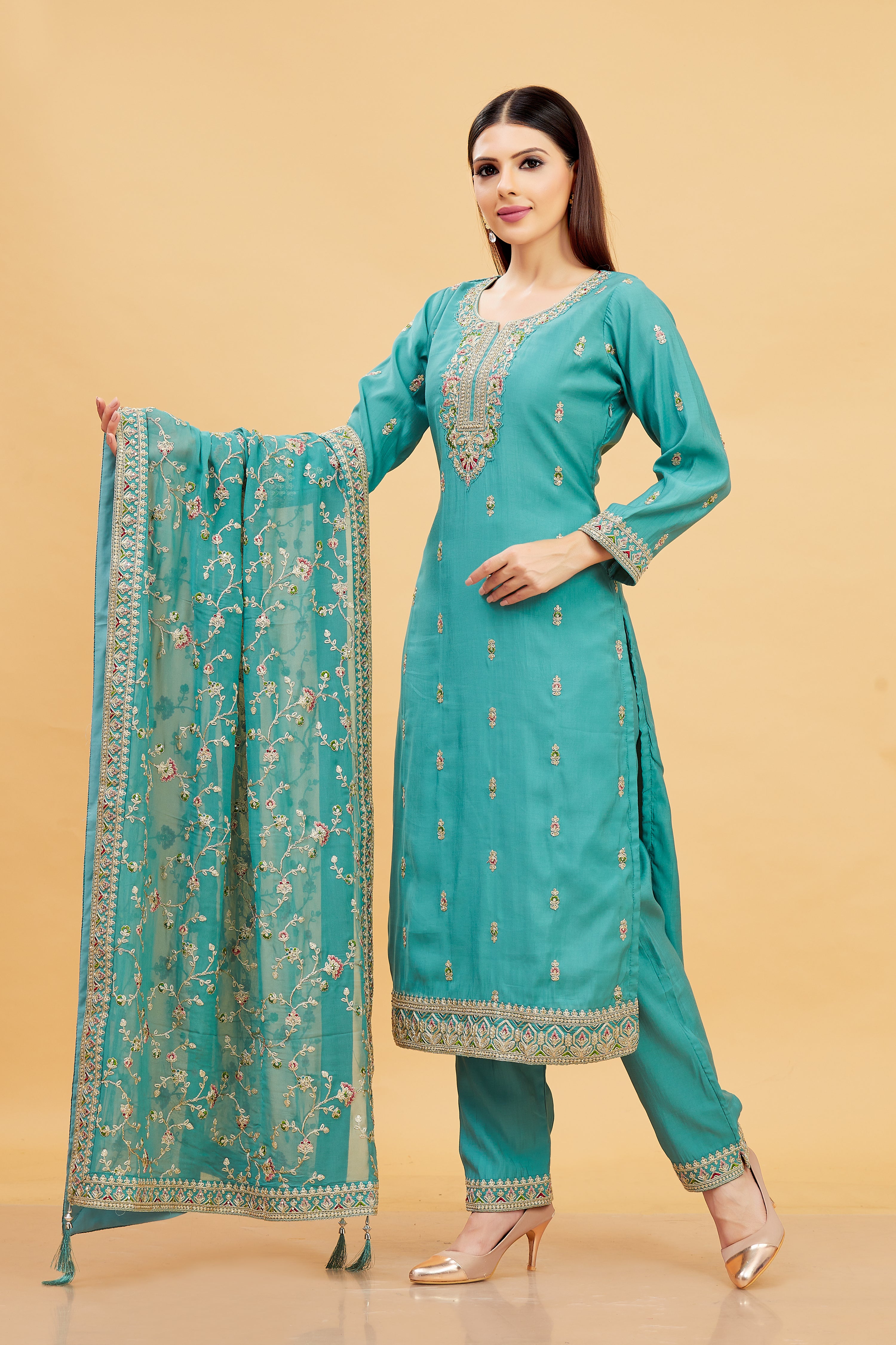 Vedika Ladies Silk Emb Wk Straight Kamiz &amp; Pant L/S 38,42,46,50,54 - Roop Darshan