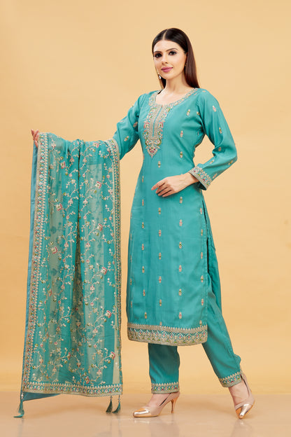 Vedika Ladies Silk Emb Wk Straight Kamiz &amp; Pant L/S 38,42,46,50,54 - Roop Darshan