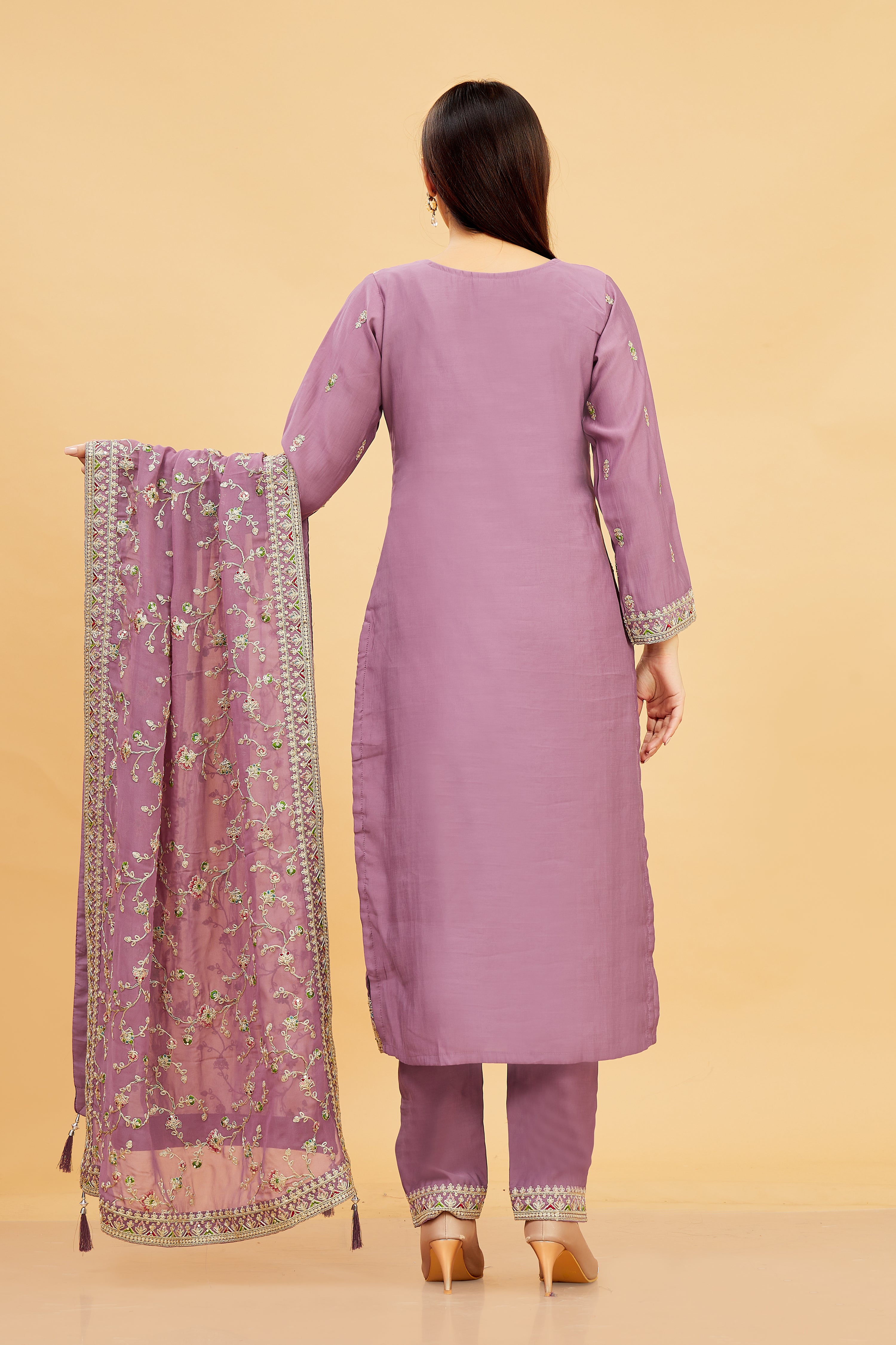 Vedika Ladies Silk Emb Wk Straight Kamiz &amp; Pant L/S 38,42,46,50,54 - Roop Darshan