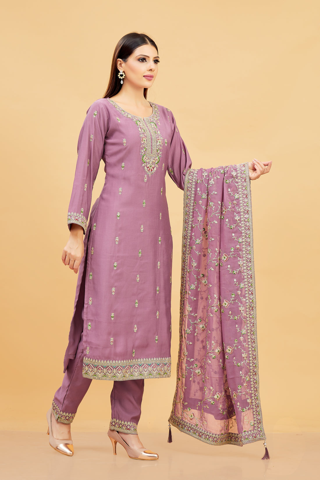 Vedika Ladies Silk Emb Wk Straight Kamiz &amp; Pant L/S 38,42,46,50,54 - Roop Darshan