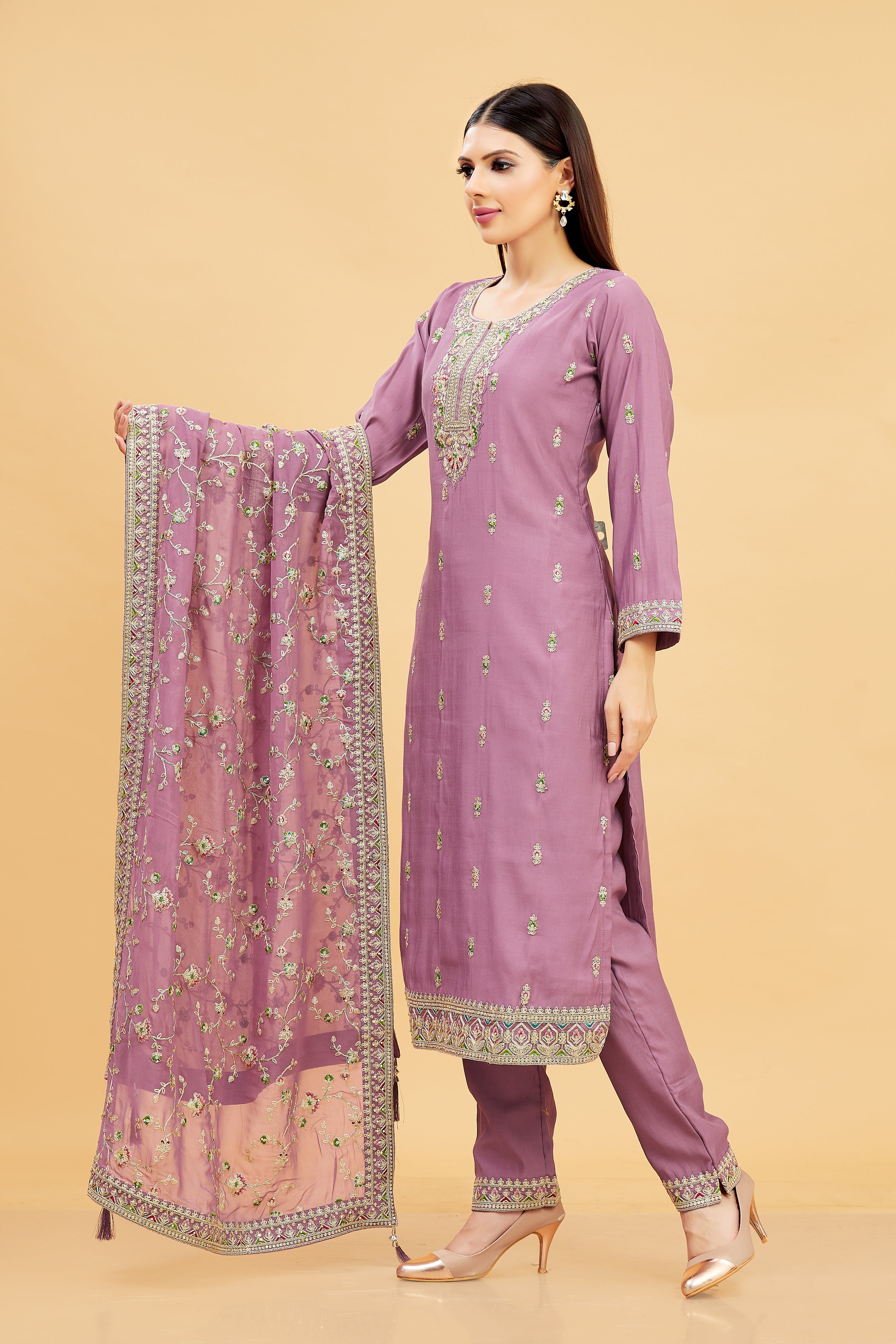 Vedika Ladies Silk Emb Wk Straight Kamiz &amp; Pant L/S 38,42,46,50,54 - Roop Darshan