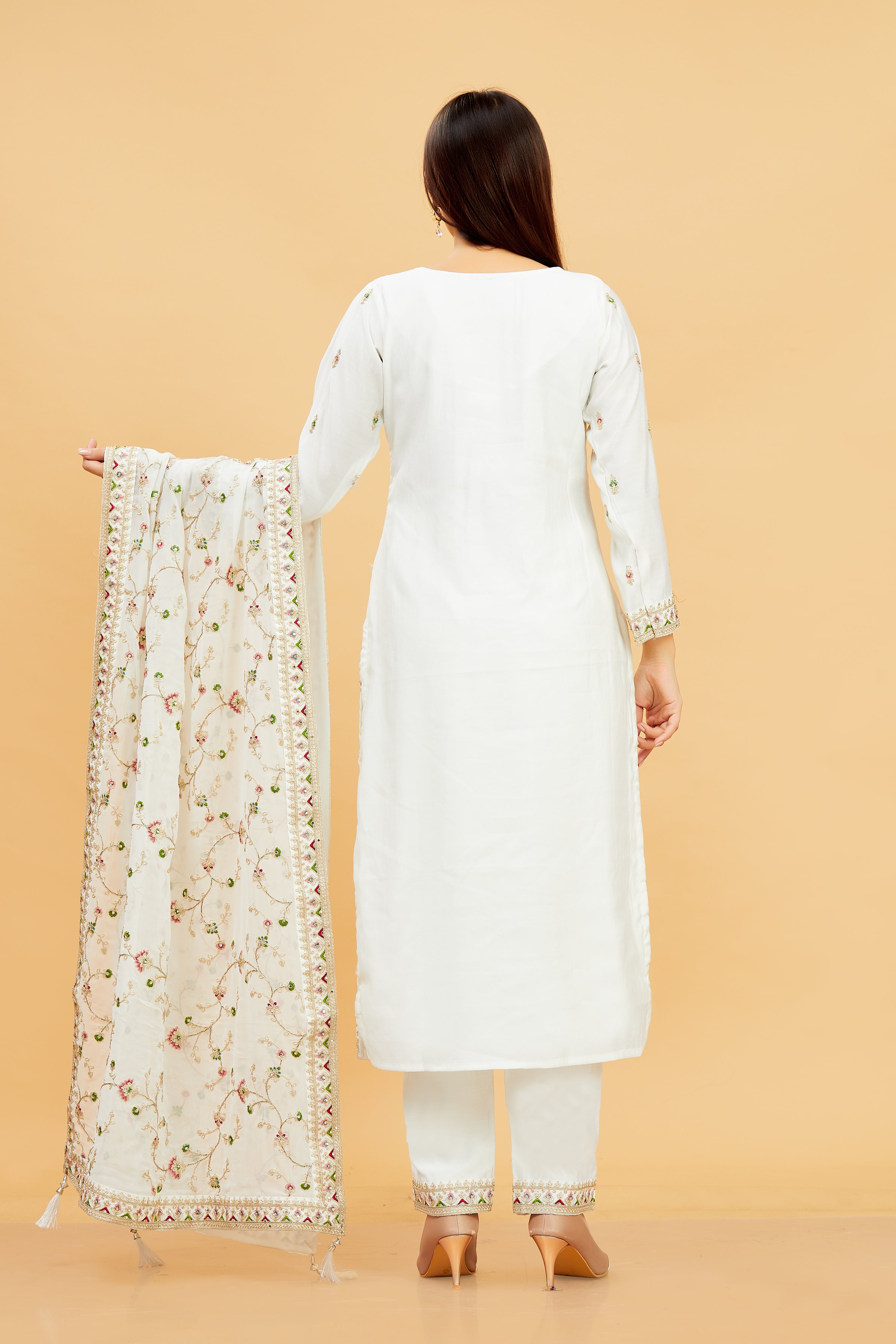 Vedika Ladies Silk Emb Wk Straight Kamiz &amp; Pant L/S 38,42,46,50,54 - Roop Darshan