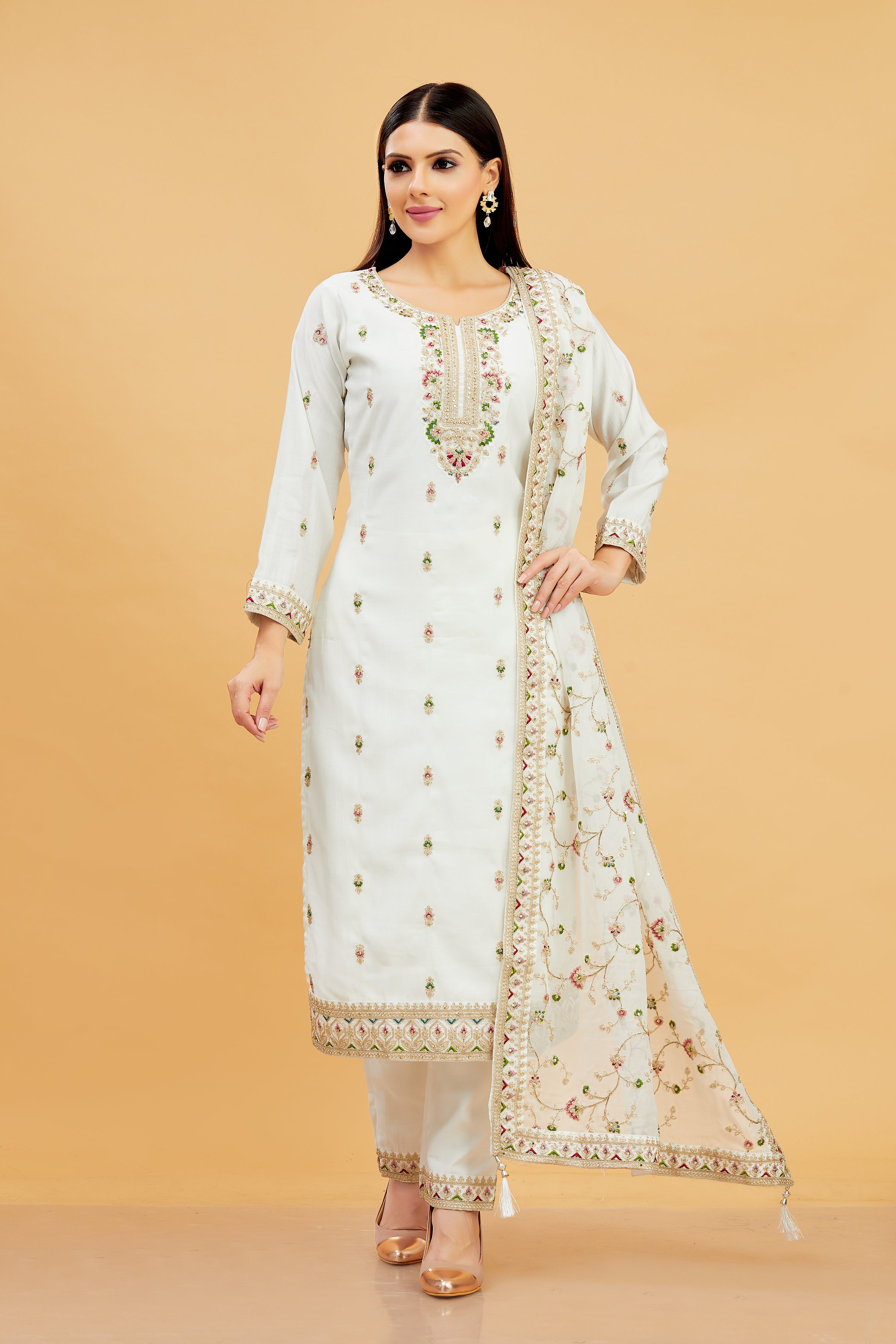 Vedika Ladies Silk Emb Wk Straight Kamiz &amp; Pant L/S 38,42,46,50,54 - Roop Darshan