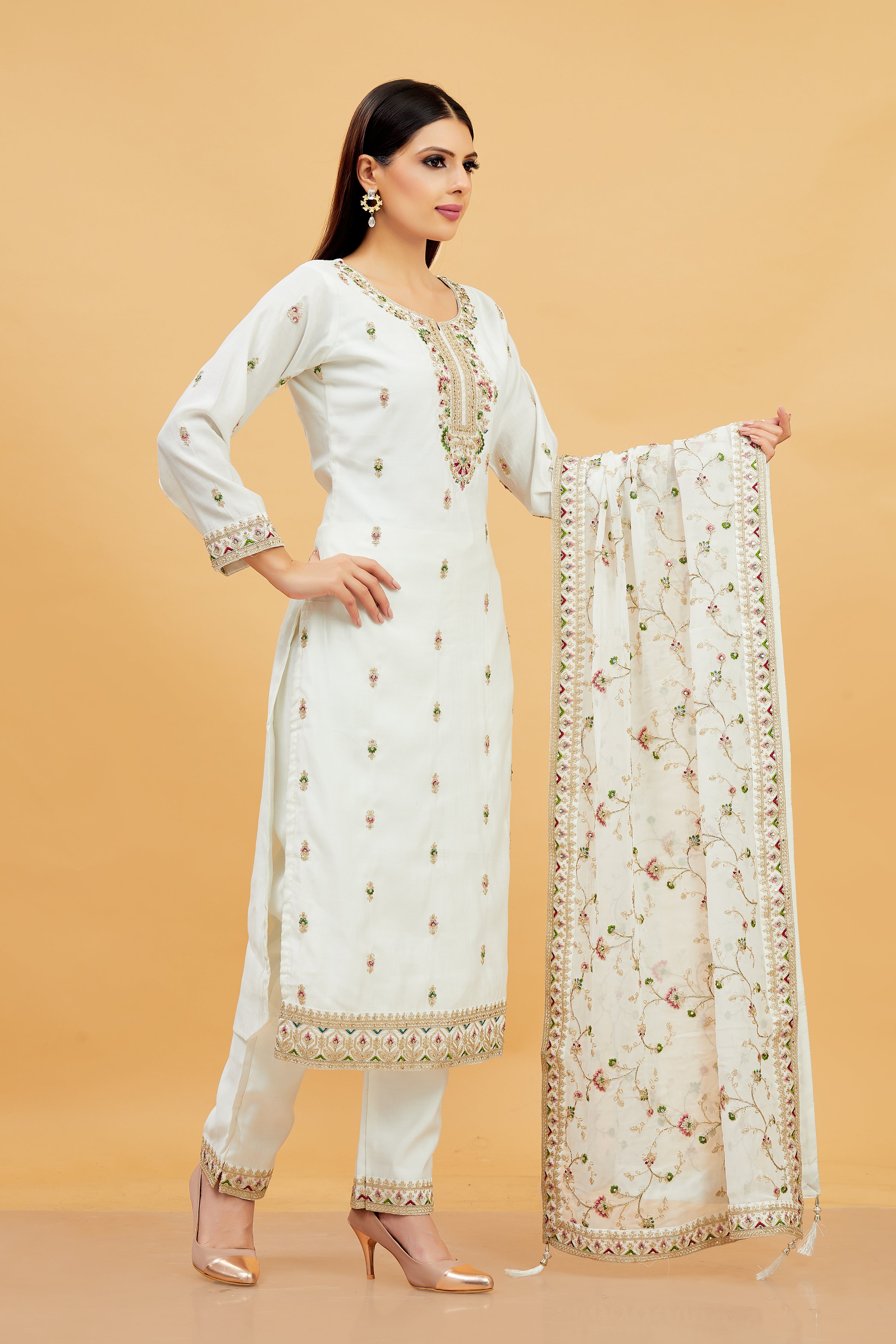 Vedika Ladies Silk Emb Wk Straight Kamiz &amp; Pant L/S 38,42,46,50,54 - Roop Darshan
