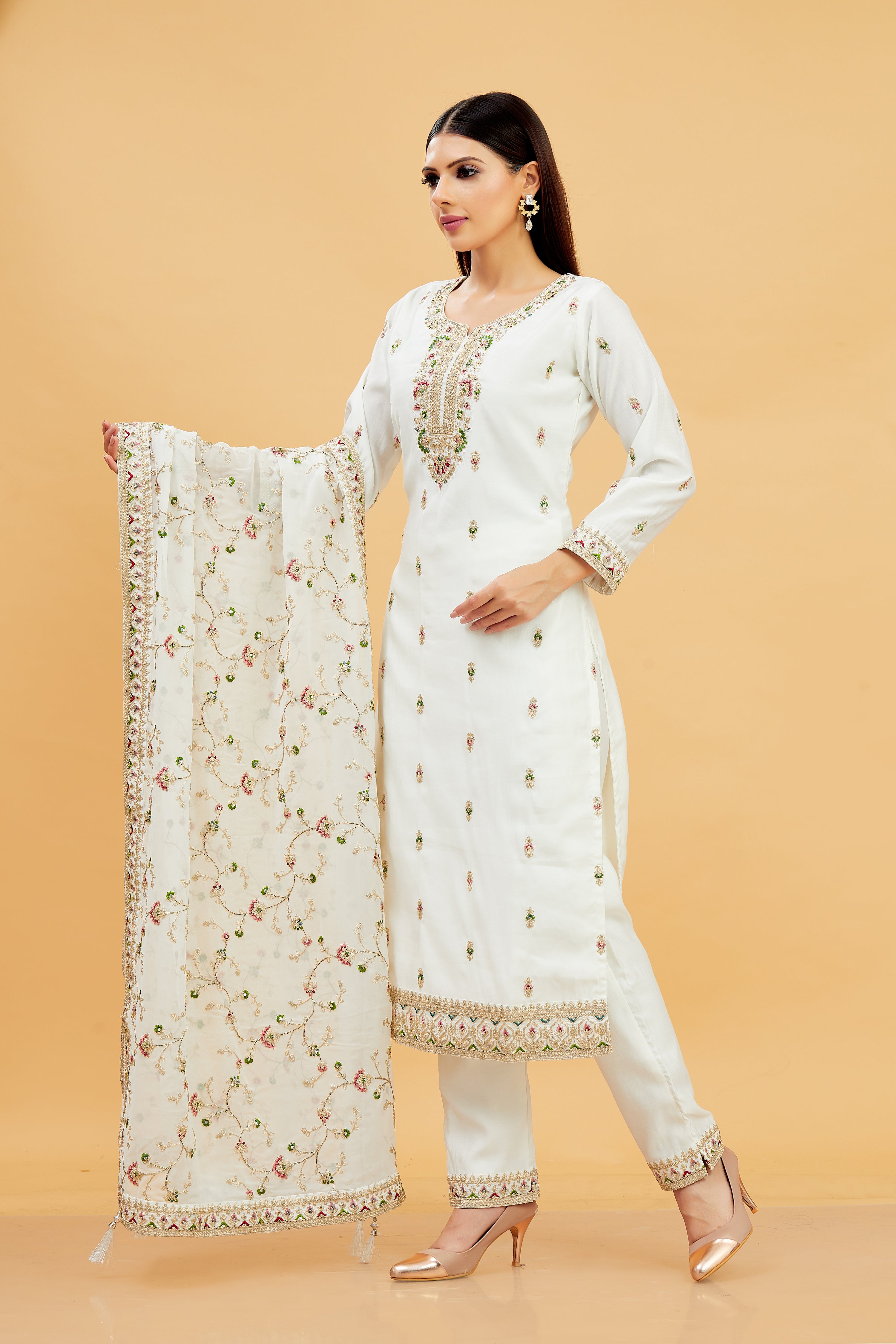 Vedika Ladies Silk Emb Wk Straight Kamiz &amp; Pant L/S 38,42,46,50,54 - Roop Darshan