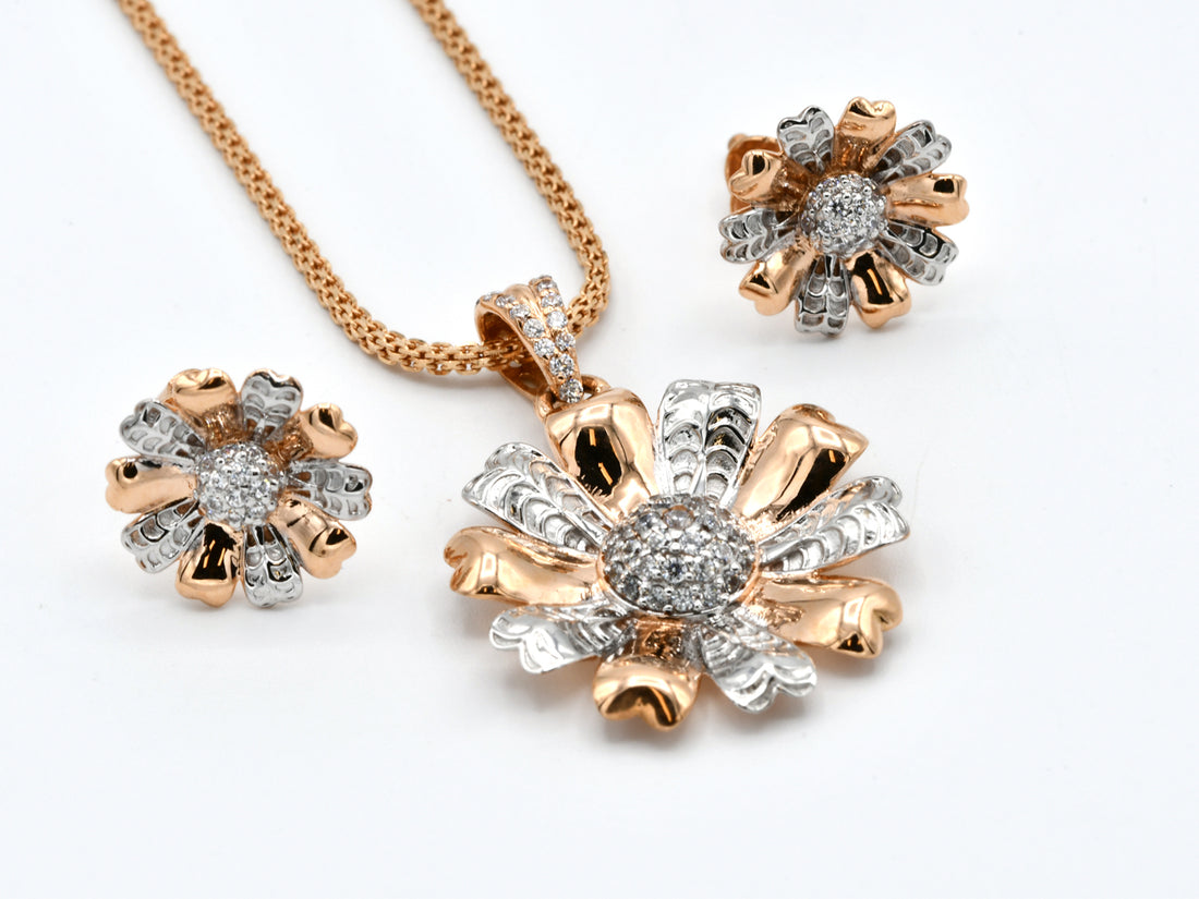 18ct Rose Gold Rhd CZ Flower Pendant Earrings Set - Roop Darshan