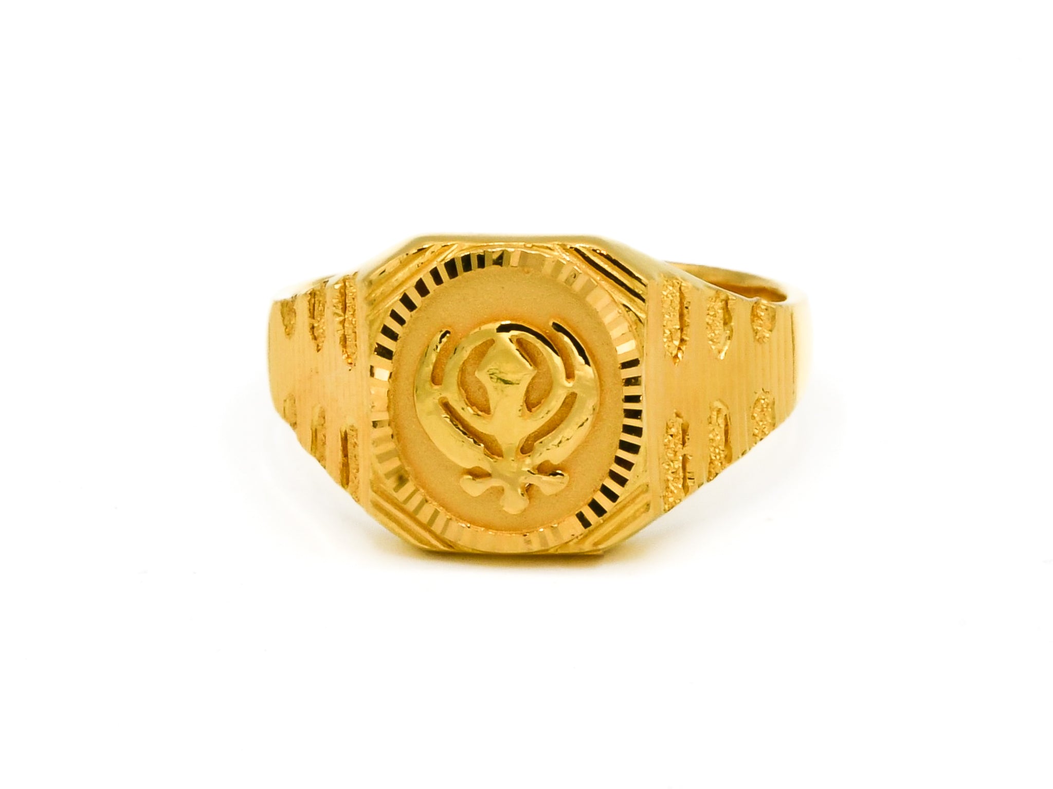 MENS FANCY RING FEATURING LASER CUT AND BRUSH FINISHING - 22K YELLOW GOLD